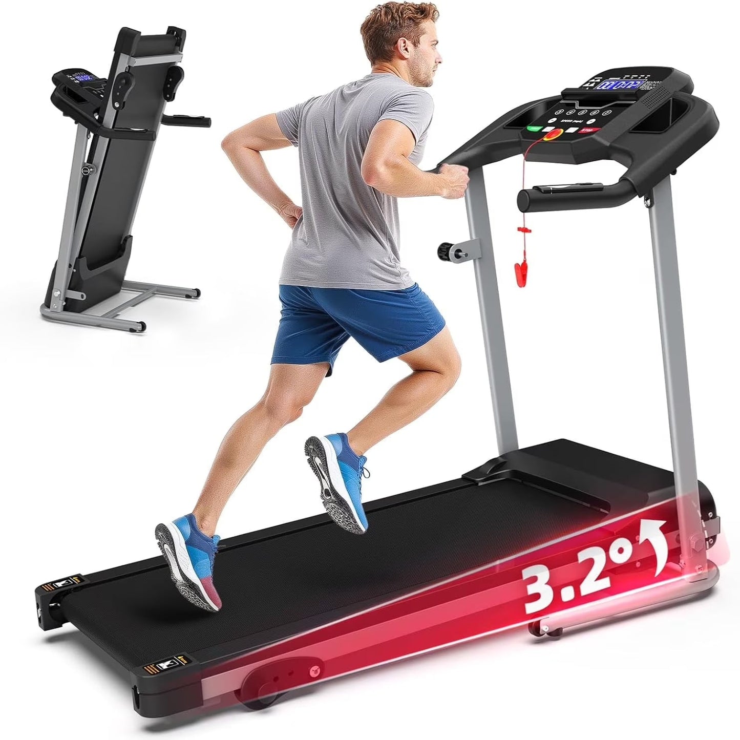 Folding Treadmill with Manual Incline, Fitness Workout Exercise Machine LCD Screen, Shock-Absorbent Running Deck, Device Holder - Black