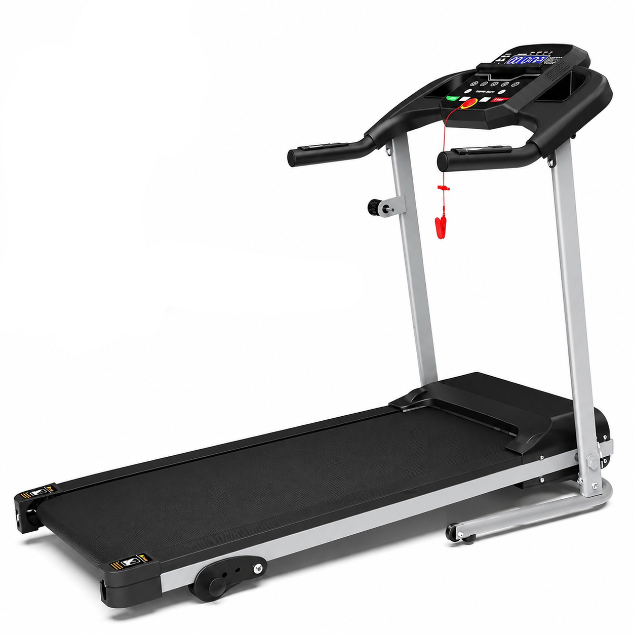 Black treadmill with digital display on a white background