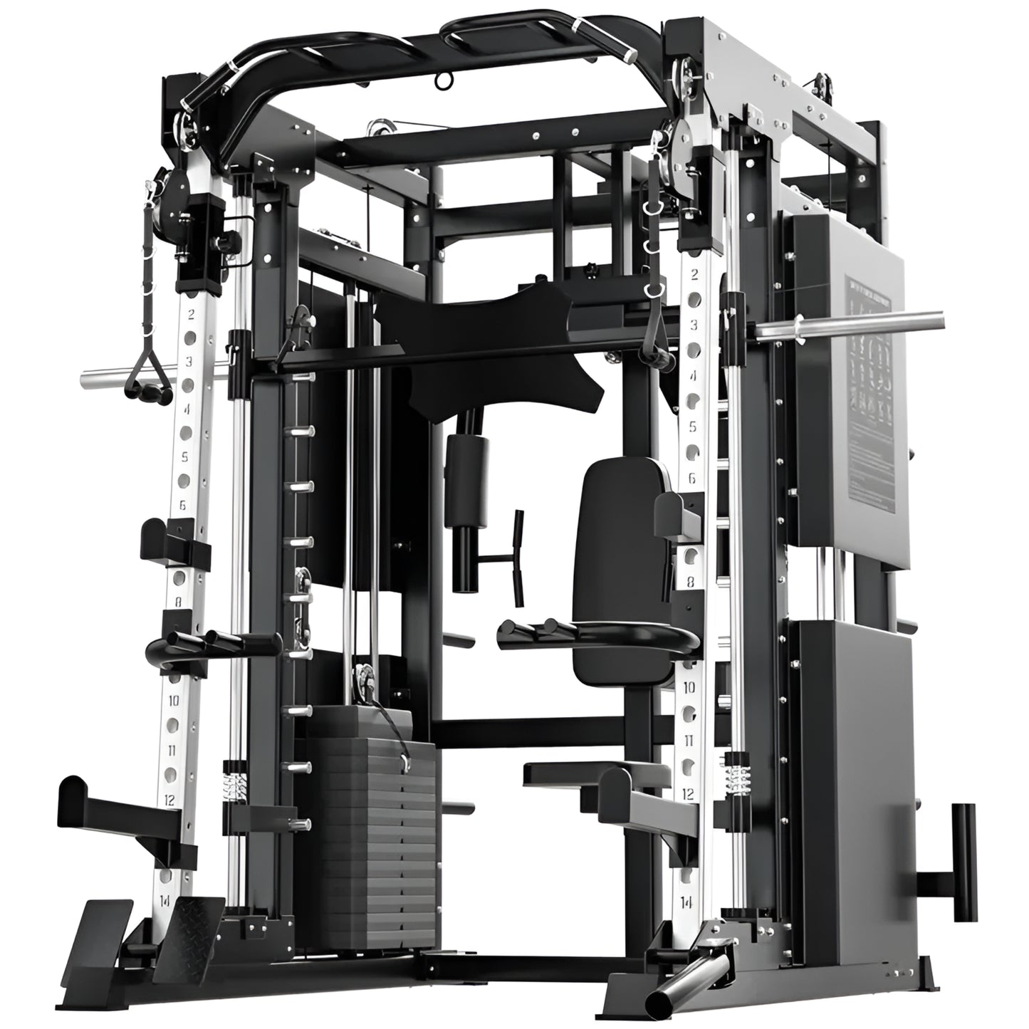 Gym equipment rack with various attachments on a white background