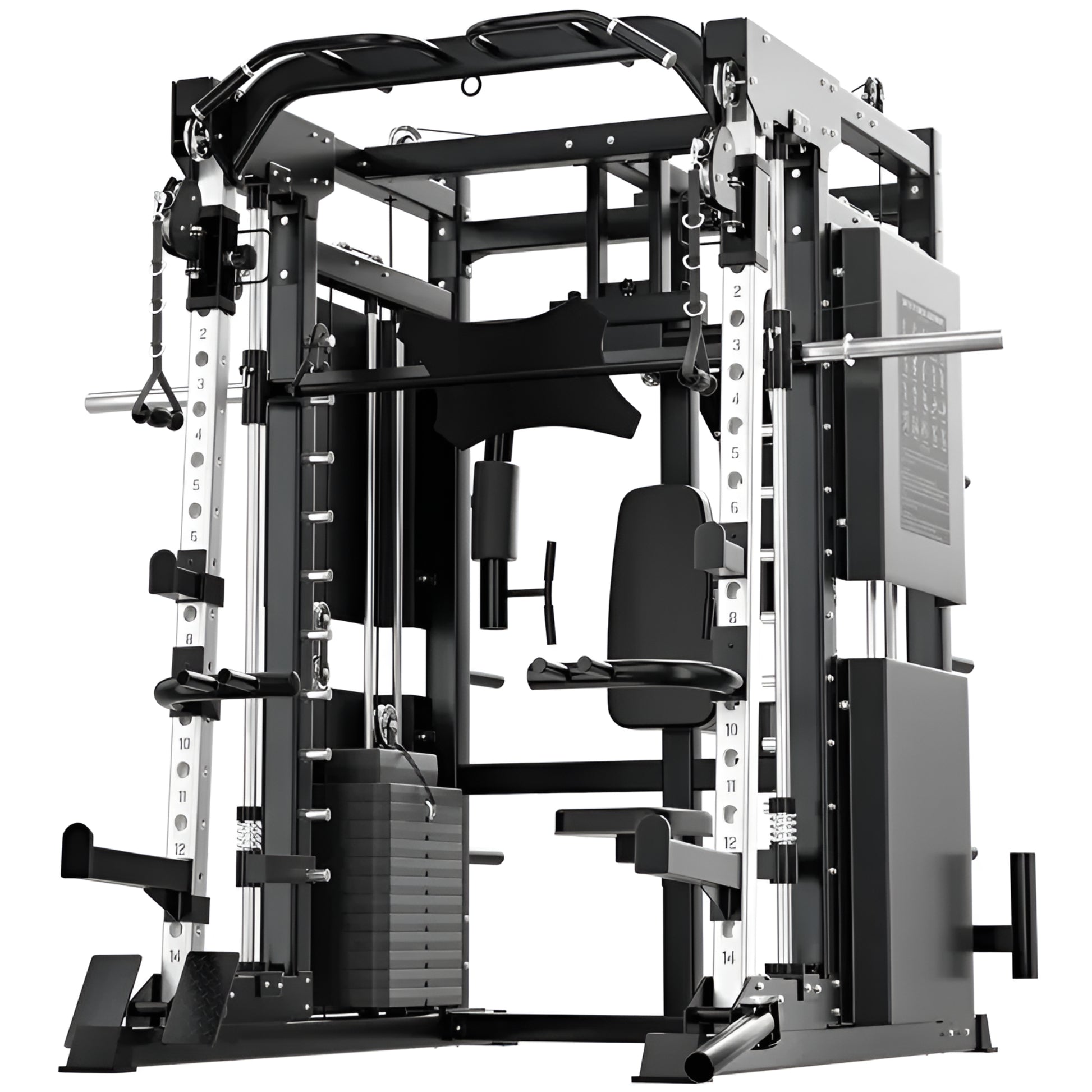 Gym equipment rack with various attachments on a white background