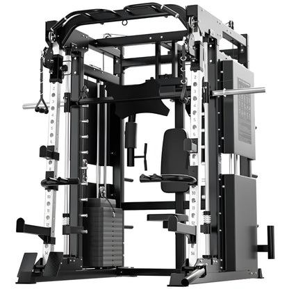 Gym equipment rack with various attachments on a white background