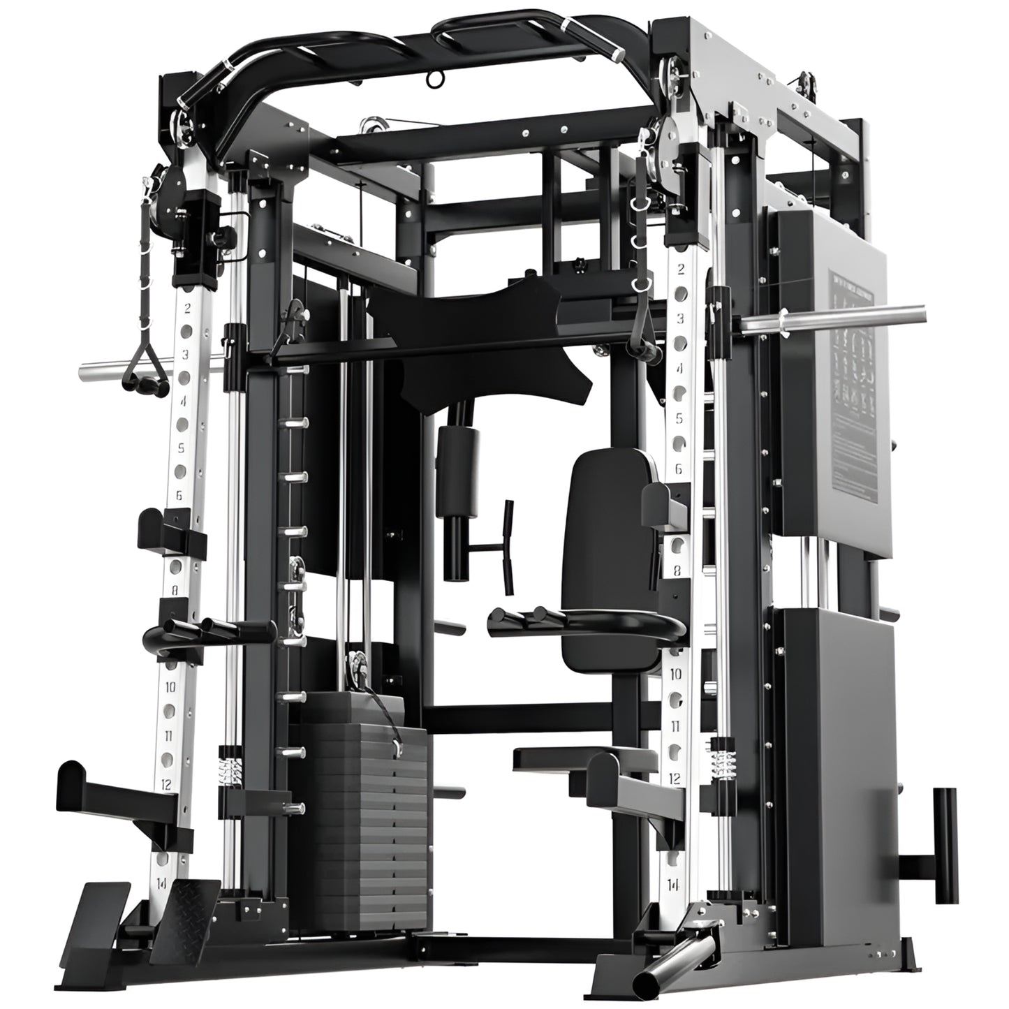 Gym equipment rack with various attachments on a white background