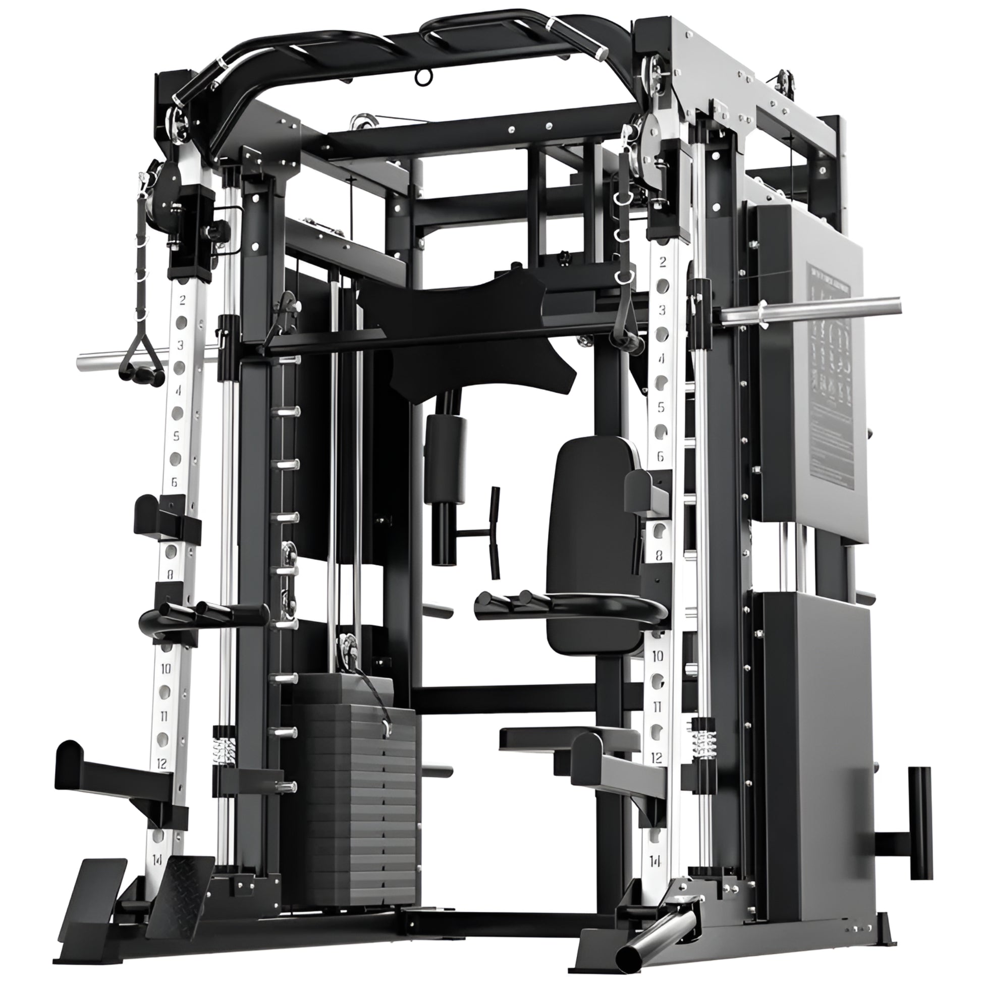 Gym equipment rack with various attachments on a white background