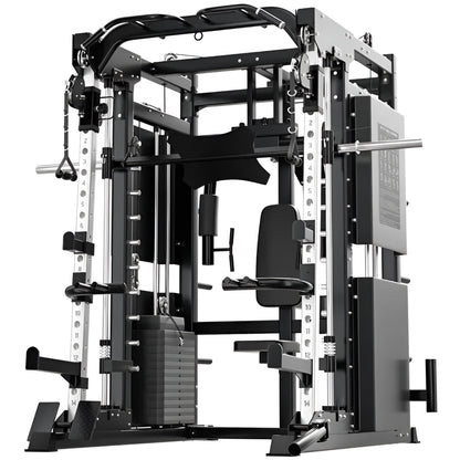 Gym equipment rack with various attachments on a white background