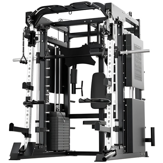 Gym equipment rack with various attachments on a white background