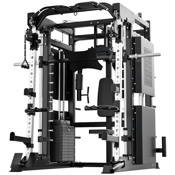 Gym equipment rack with various attachments on a white background
