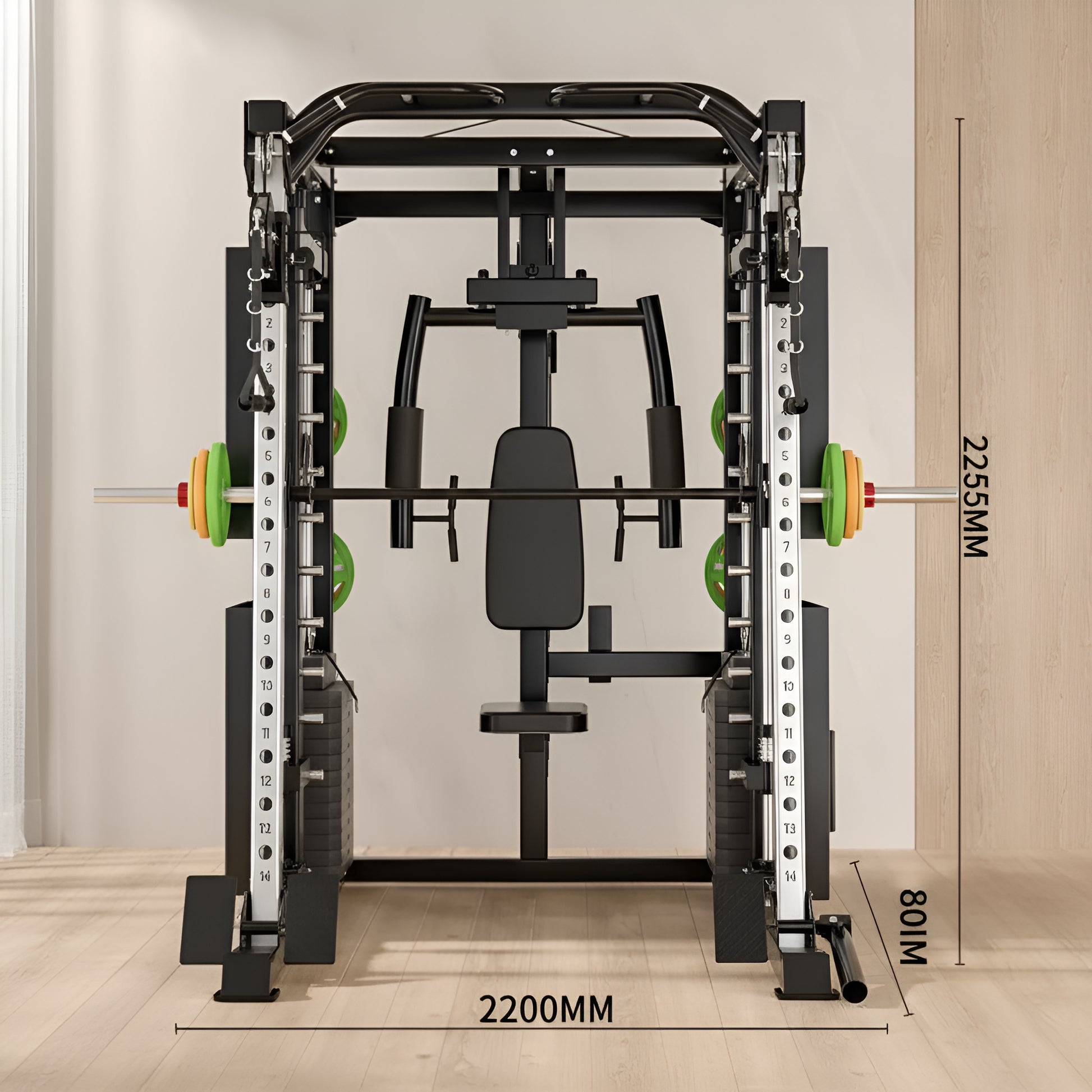 Multigym fitness equipment with dimensions displayed on a neutral background