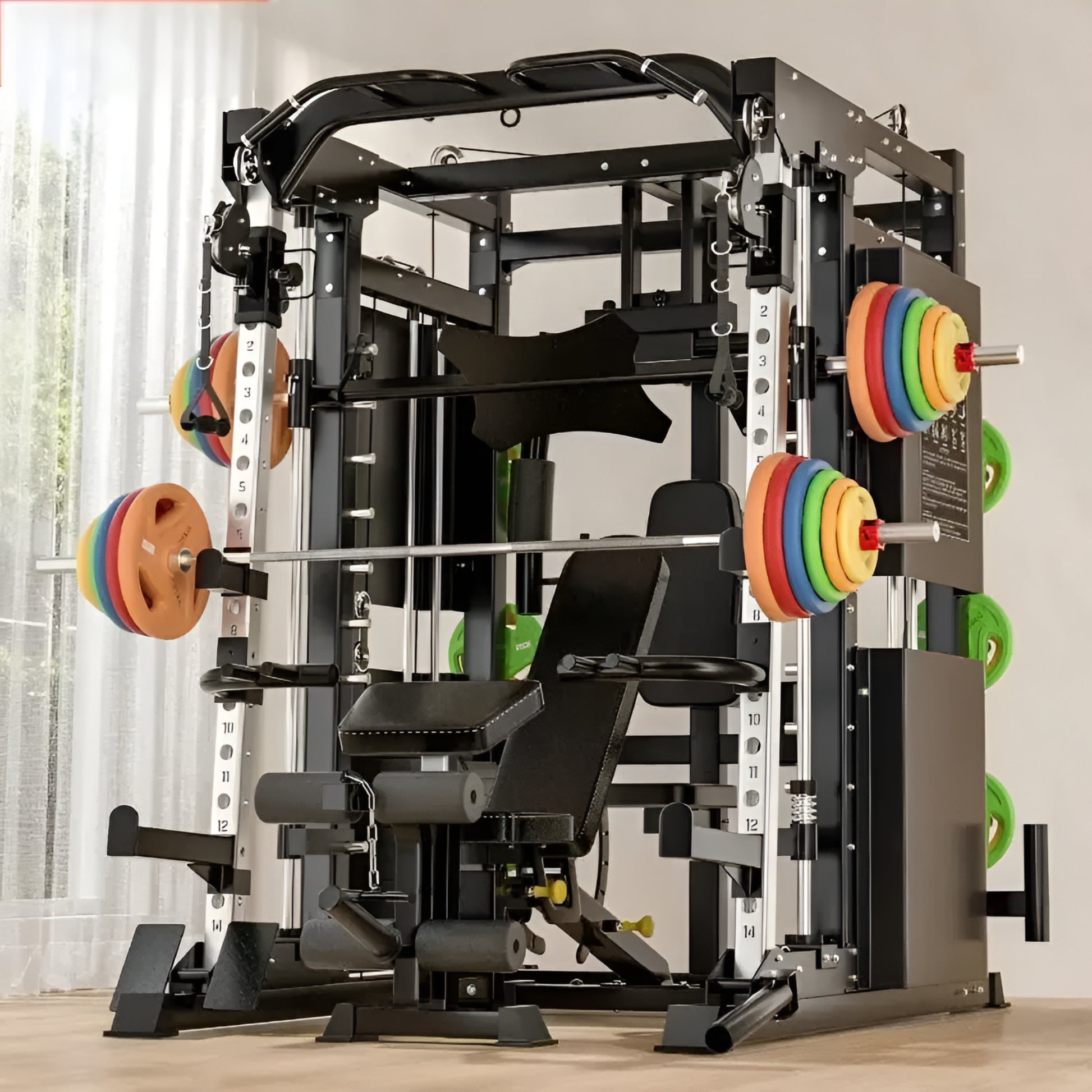 Multigym with weight plates on a wooden floor