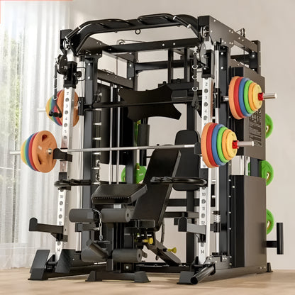 Multigym with weight plates on a wooden floor