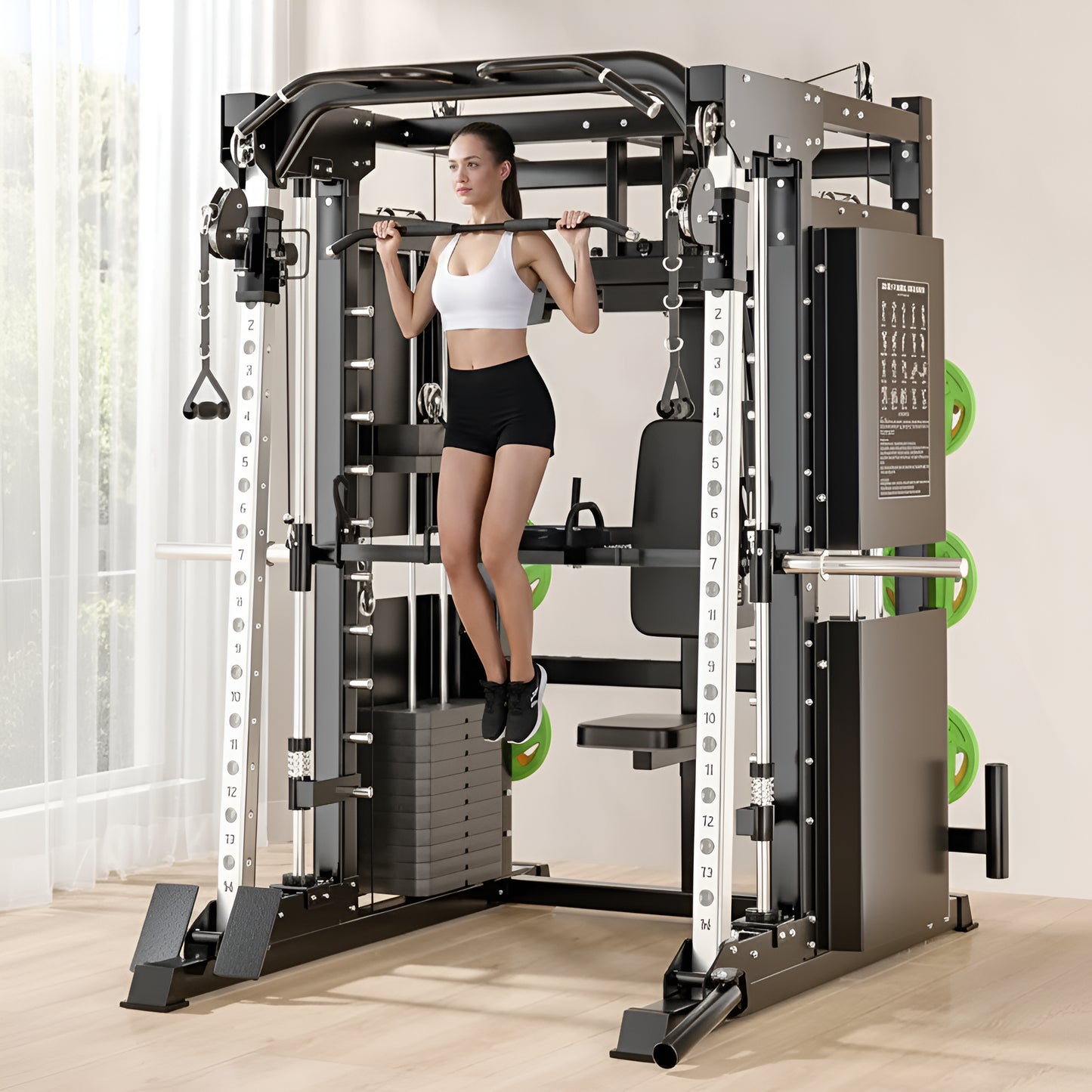 Woman exercising on a Smith machine in a home gym setting