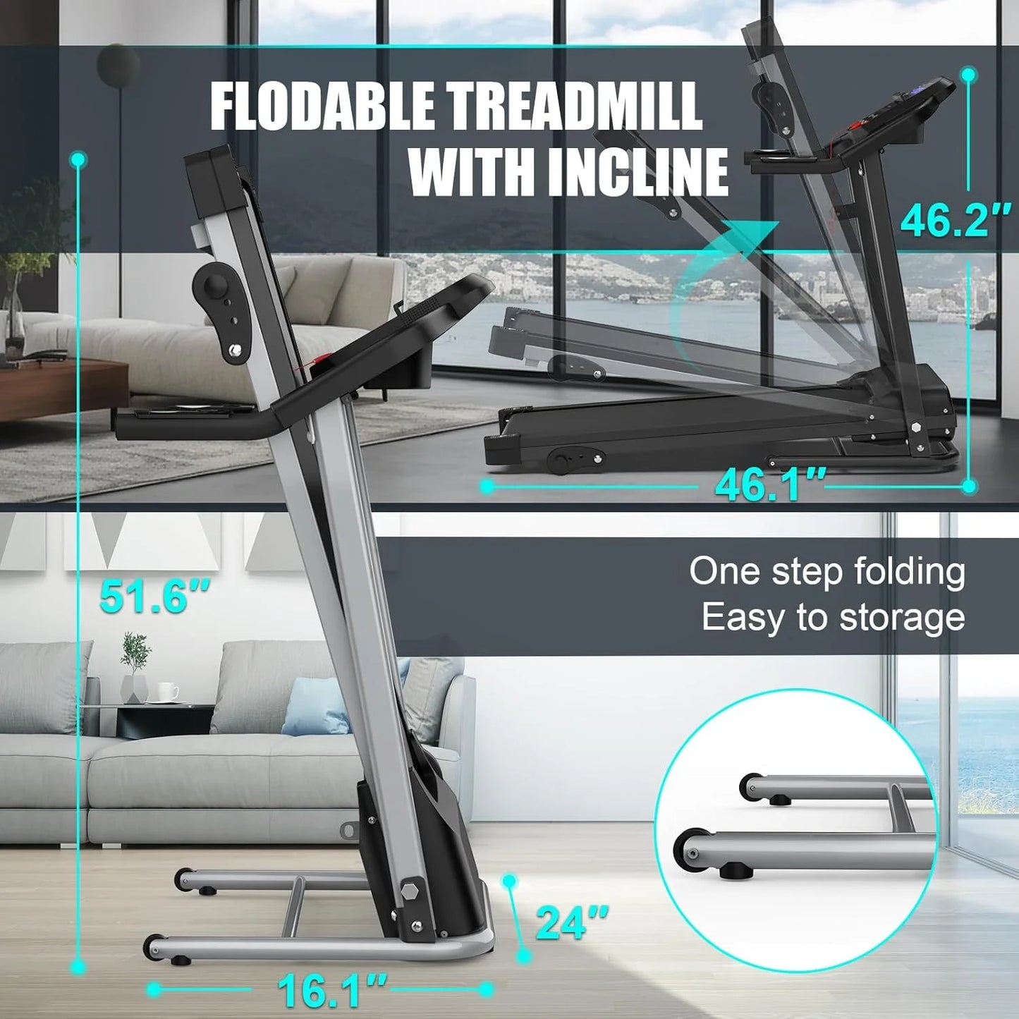 Folding Treadmill with Manual Incline, Fitness Workout Exercise Machine LCD Screen, Shock-Absorbent Running Deck, Device Holder - Black