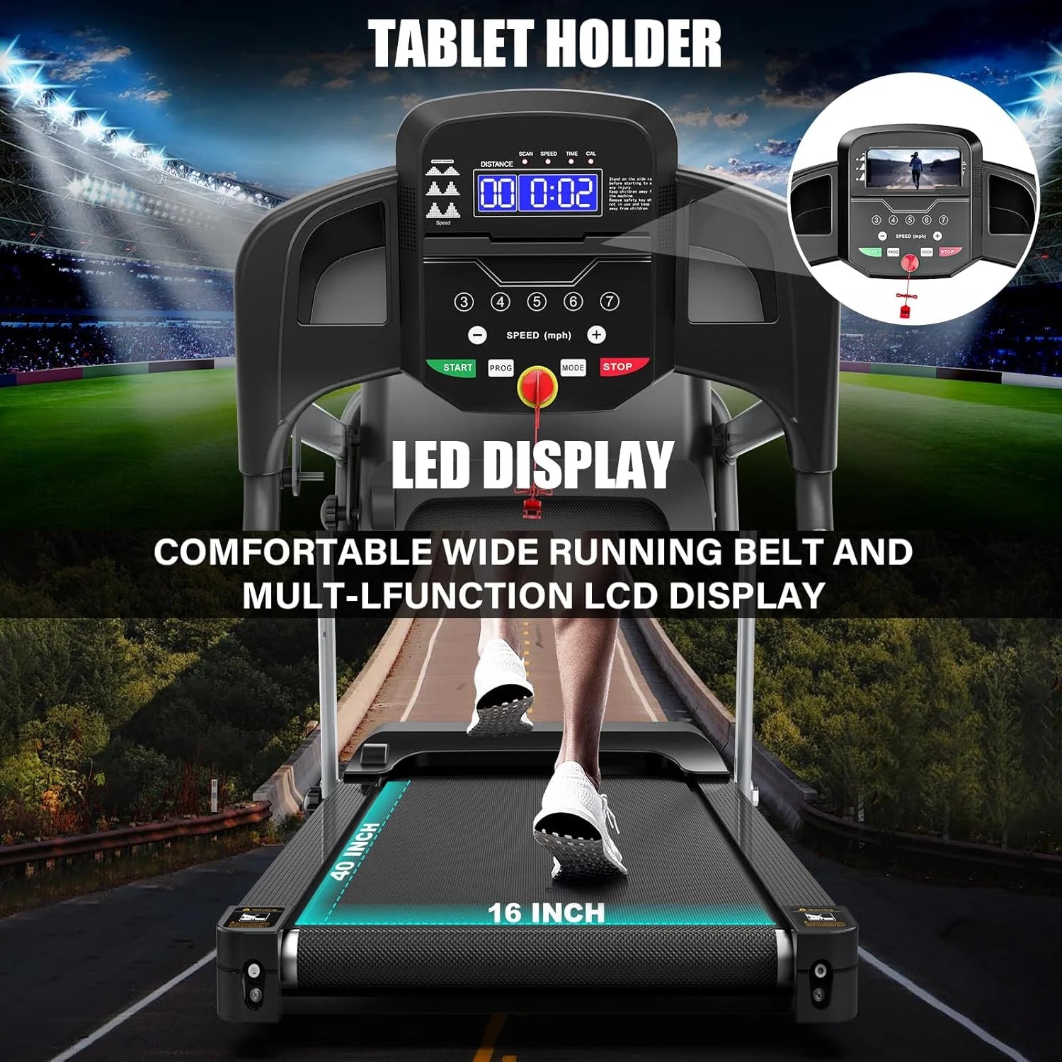 Folding Treadmill with Manual Incline, Fitness Workout Exercise Machine LCD Screen, Shock-Absorbent Running Deck, Device Holder - Black