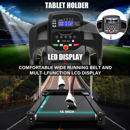 Folding Treadmill with Manual Incline, Fitness Workout Exercise Machine LCD Screen, Shock-Absorbent Running Deck, Device Holder - Black